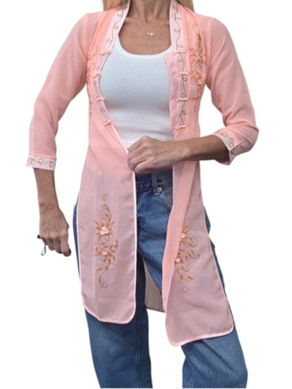 Vintage Y2K 100% Silk Peach Embroidered Duster Jacket Frog Closure